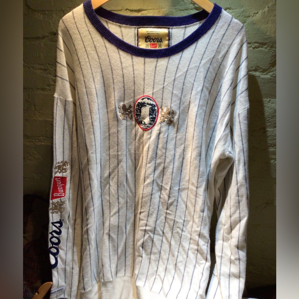 NEW ! The Laundry Room Crest Logo White and Blue Striped Cashmere blend Sweater